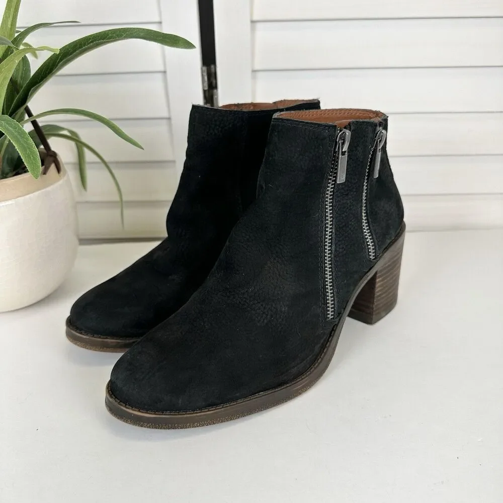 Lucky Brand Roquee Zippered Ankle Booties Black Leather‎ Block Heel Size 10 M